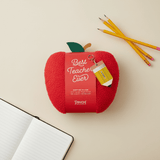 Apple-shaped pillow with “Best Teacher Ever” sleeve, three pencils, and pencil keychain, ideal for personalized teacher appreciation gifts from Celebratopia.