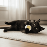 Black cat playing with a crocheted egg catnip toy on a carpeted floor
