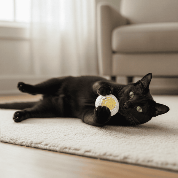 Black cat playing with a crocheted egg catnip toy on a carpeted floor