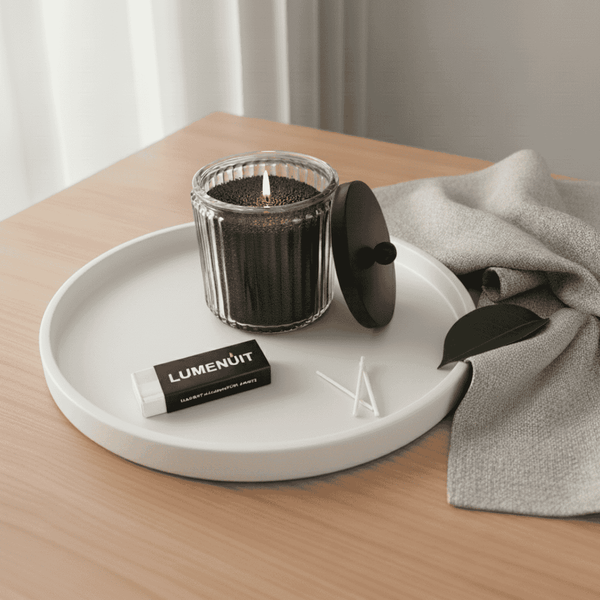 Candle and candle wick on a white tray with Lumenuit branding on a wooden surface.