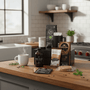 Kitchen counter with coffee and tea products including a mug, coffee beans, and tea bags