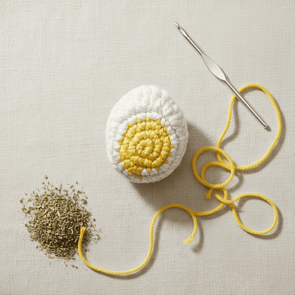 Crocheted hard boiled egg item with yellow center and white border, accompanied by a crochet hook, yarn and catnip on a light background