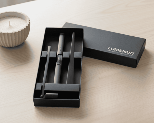 A black box with 'Lumenuit' branding containing a candle snuffer, dipper and lighter on a light surface
