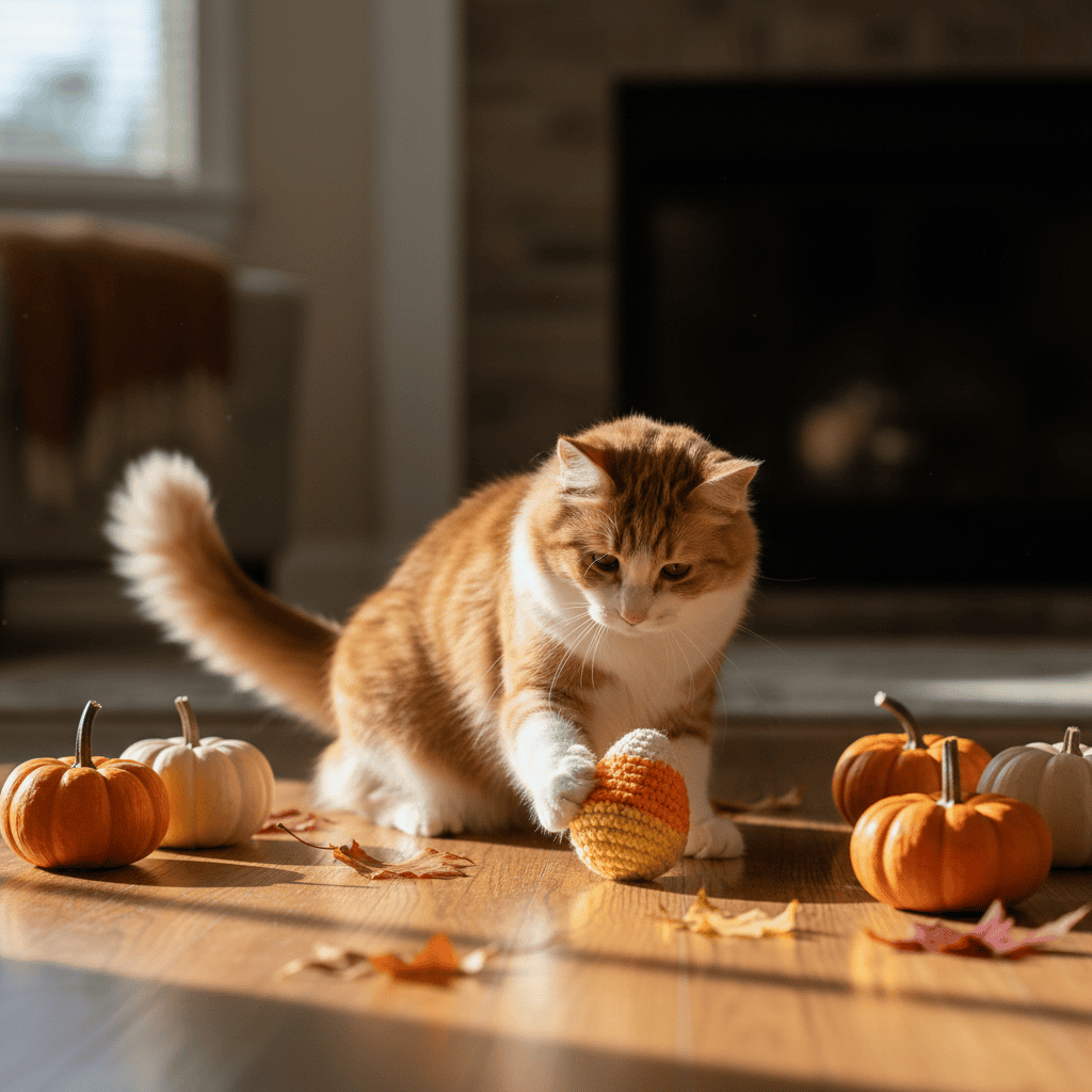 Cat playing with a candy corn catnip toy on a wooden floor with pumpkins around