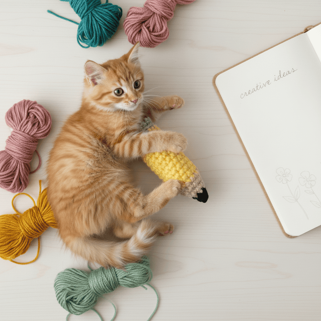 Kitten playing with a pencil shaped catnip filled toy on a light surface with yarn balls and a notebook