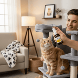 Person holding a bottle of catnip next to a cat on a cat tree in a living room.