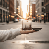 Hand holding a glass with a cityscape design against a blurred city street background