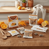 Assorted food items including a box of Davidson's Organic Orange Spice, Orchard Valley products, and oranges on a wooden table.