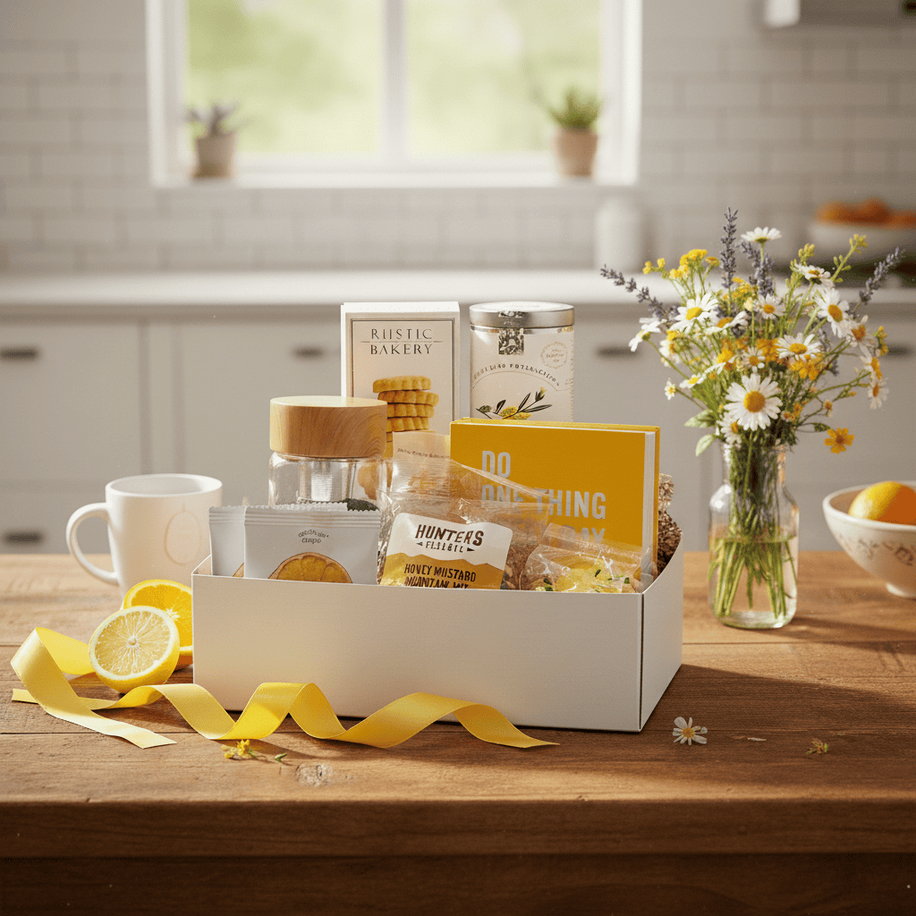DO WHAT MAKES YOU HAPPY GIFT SET featuring a journal, Meyer Lemon Shortbread Cookies, White Lemon Ginger Tea, and more, all elegantly packed for a thoughtful gift. On a kitchen counter, featuring a vase of flowers and lemons