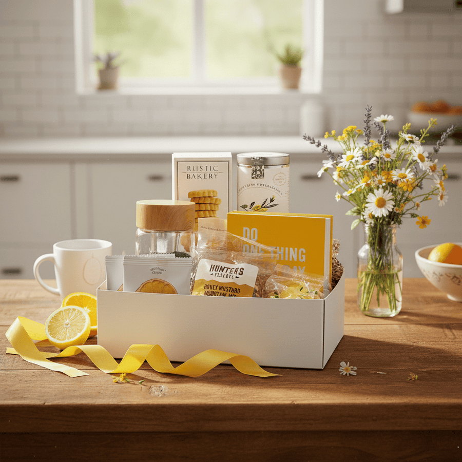 DO WHAT MAKES YOU HAPPY GIFT SET featuring a journal, Meyer Lemon Shortbread Cookies, White Lemon Ginger Tea, and more, all elegantly packed for a thoughtful gift. On a kitchen counter, featuring a vase of flowers and lemons