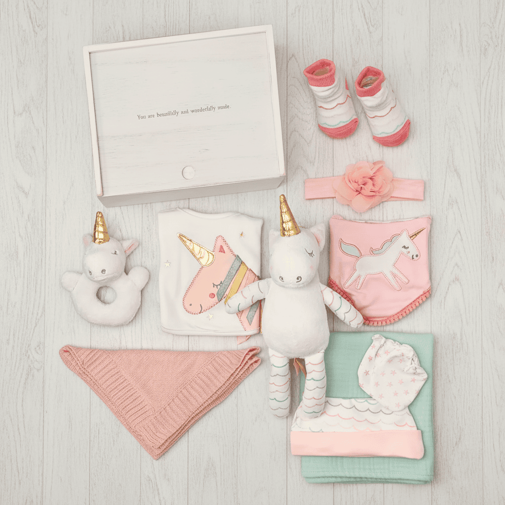 Collection of baby items including a plush unicorn, blanket, and socks on a light wooden surface