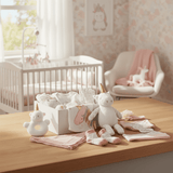 Baby items including a unicorn plush toy, baby clothes, and blankets on a table in a nursery