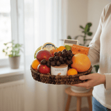 Person holding a fruit basket with various fruits indoors