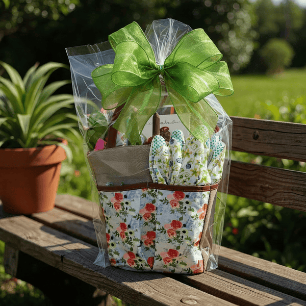 Gift basket with floral garden bag and green bow on a wooden bench outdoors