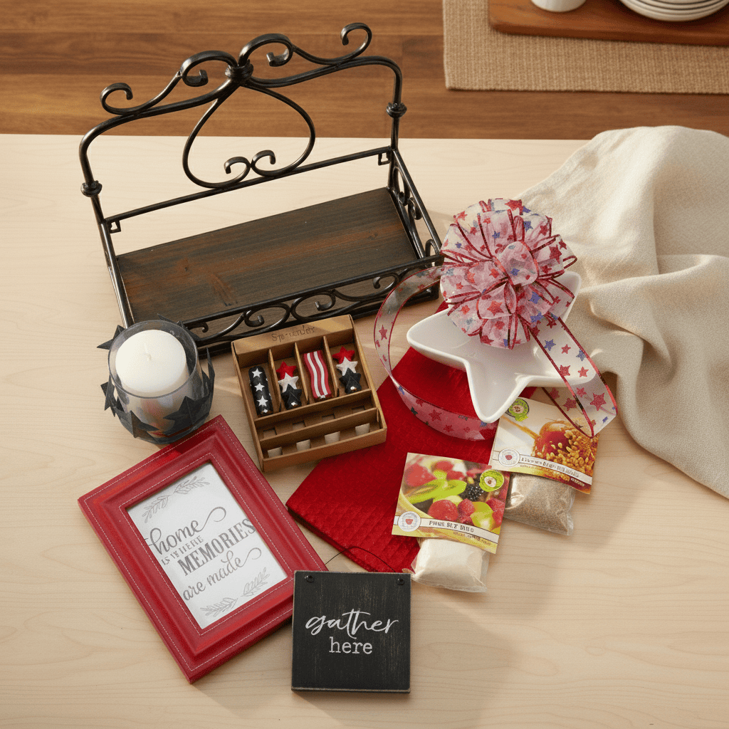Collection of decorative items including a red frame, small wooden box, and candle on a wooden surface.
