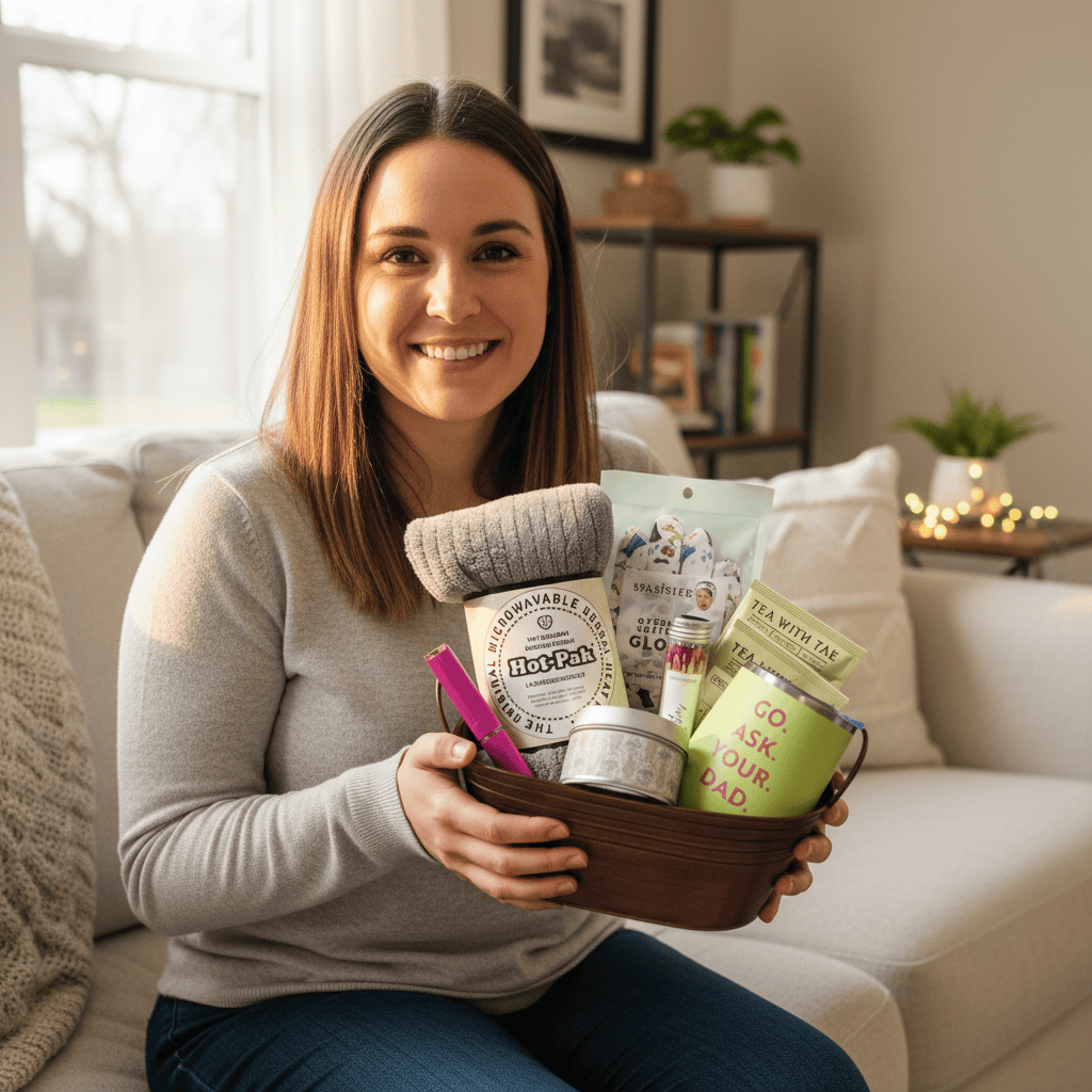 Woman holding a basket of relaxation products in a cozy living room