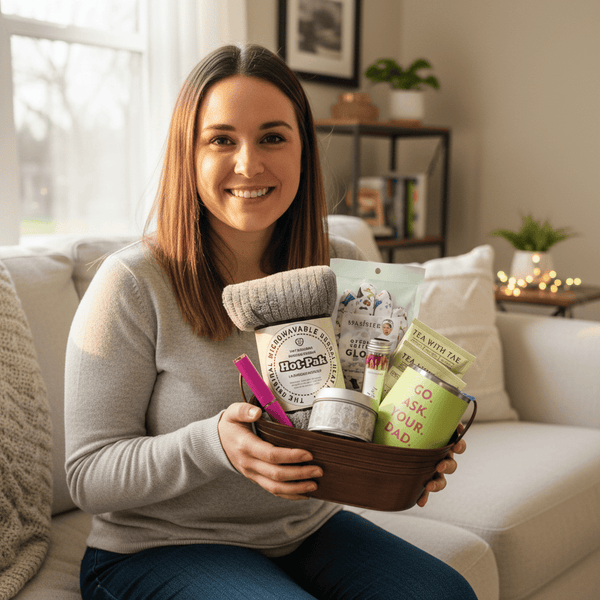 Woman holding a basket of relaxation products in a cozy living room