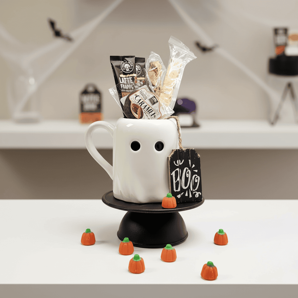 White ghost mug with black face and 'BOO' sign on a black stand, filled with treats and surrounded by Halloween-themed decorations.