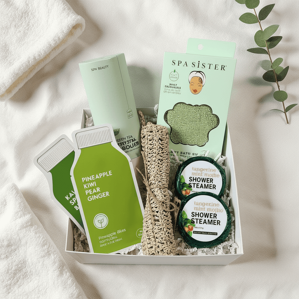 Spa products including facial masks, a scrubber, a jade facial roller and shower steamers in a box on a white background
