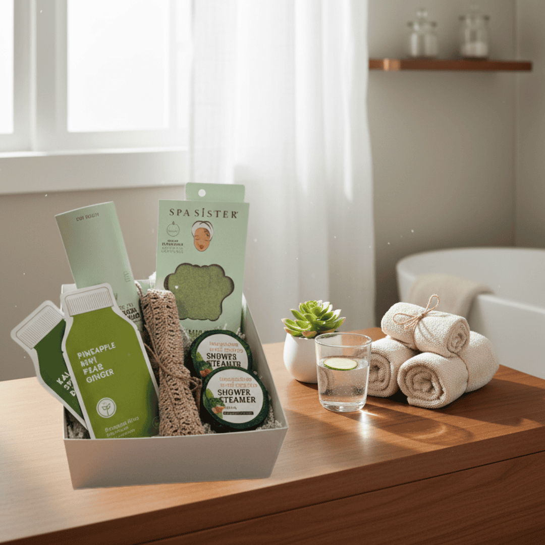Spa Sister hair towel with facial masks and shower steamers set on a wooden surface with a glass of spa water and rolled towels in the background.