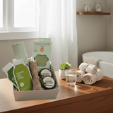 Spa Sister hair towel with facial masks and shower steamers set on a wooden surface with a glass of spa water and rolled towels in the background.