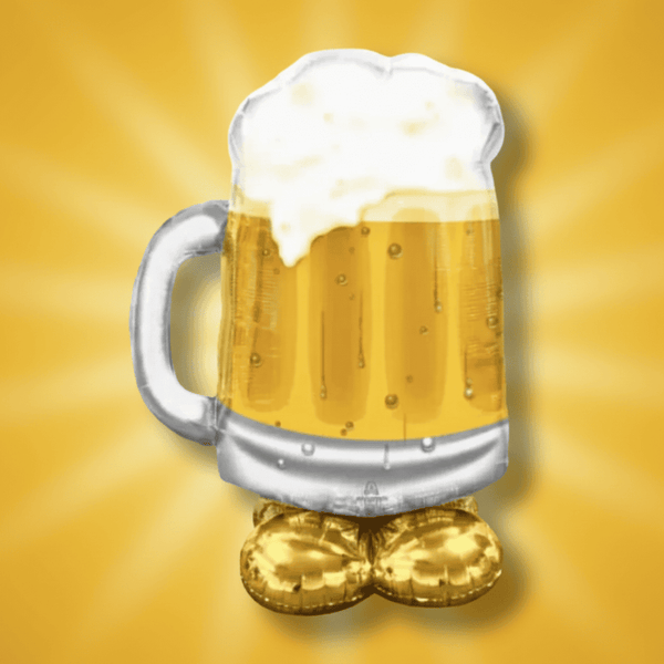 Jumbo 49 Big Beer Mug Balloon with frothy foam and gold base, perfect for party decor. Air-filled, reusable, local pickup/delivery from Celebratopia.