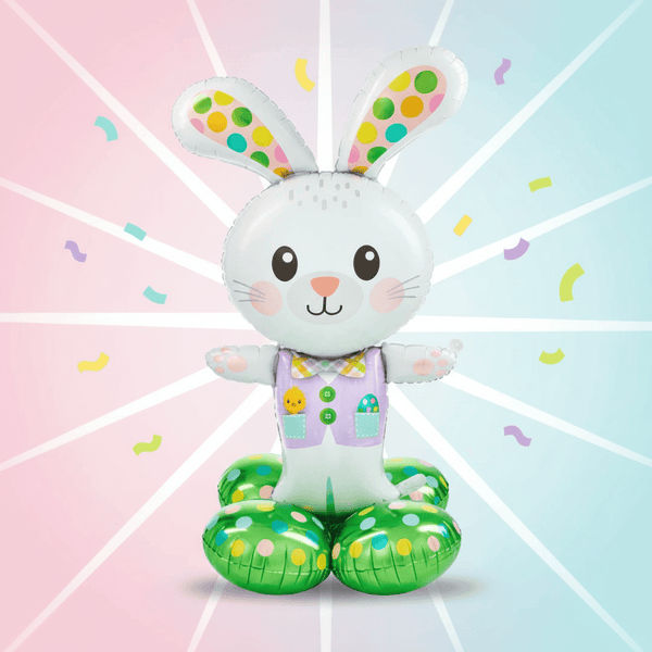 Jumbo 46 Spotted Easter Bunny Balloon, featuring bright, spotted ears. Ideal for Easter parties, adding a festive spring touch. Air filled, reusable.