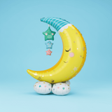 Jumbo 55 Moon & Stars Balloon featuring a whimsical crescent moon with sleepy eyes, dangling stars, and cloud-like white balloons, perfect for celebratory events.