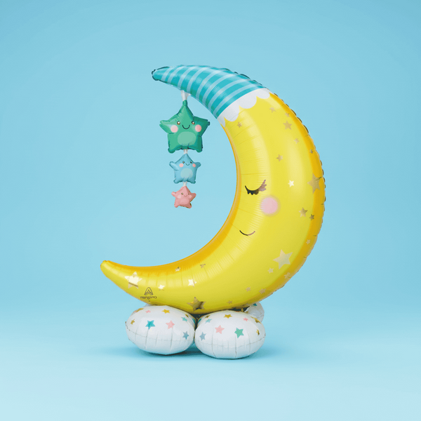 Jumbo 55 Moon & Stars Balloon featuring a whimsical crescent moon with sleepy eyes, dangling stars, and cloud-like white balloons, perfect for celebratory events.