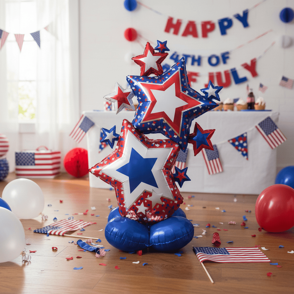 Decorative balloon with stars with July 4th decorations in the background.