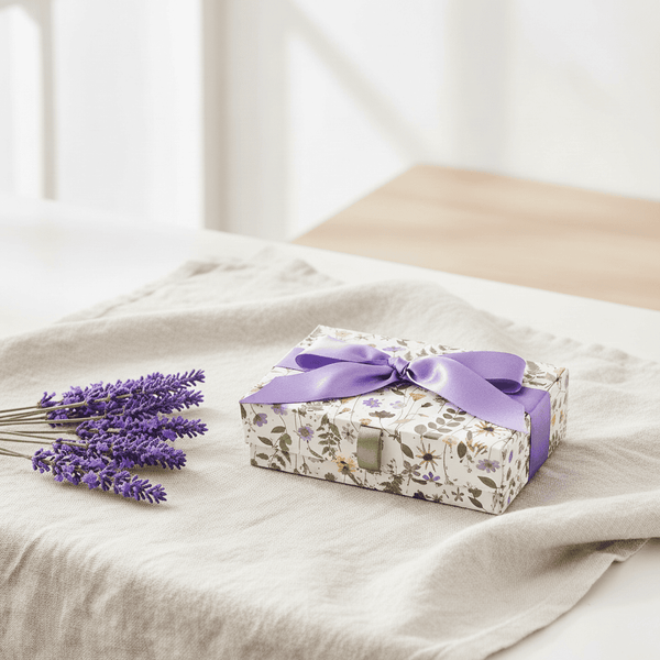 Gift box with a purple ribbon on a towel with lavender flowers