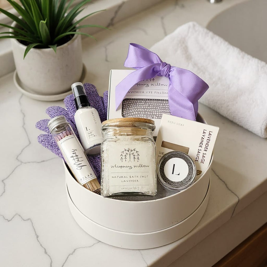 Gift set with bath products, candle, and lavender bag on a marble surface.