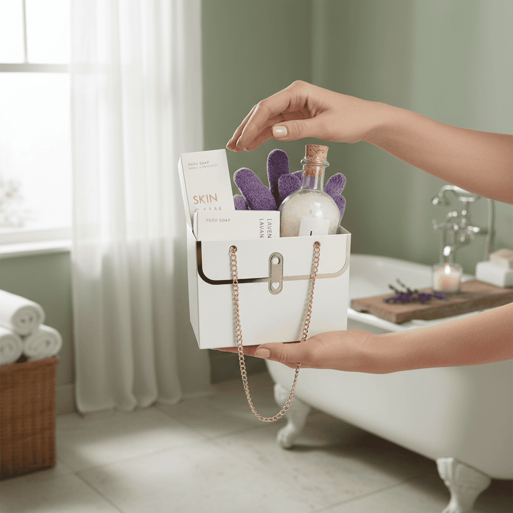 Person holding a white mini purse gift bag with skincare products in a bathroom setting