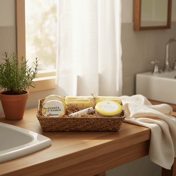 Bathroom counter with a basket containing a shower steamer and other items, with a plant and towel in the background