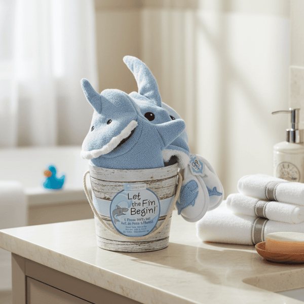 Blue shark-shaped towel in a bucket on a bathroom counter with towels and soap in the background