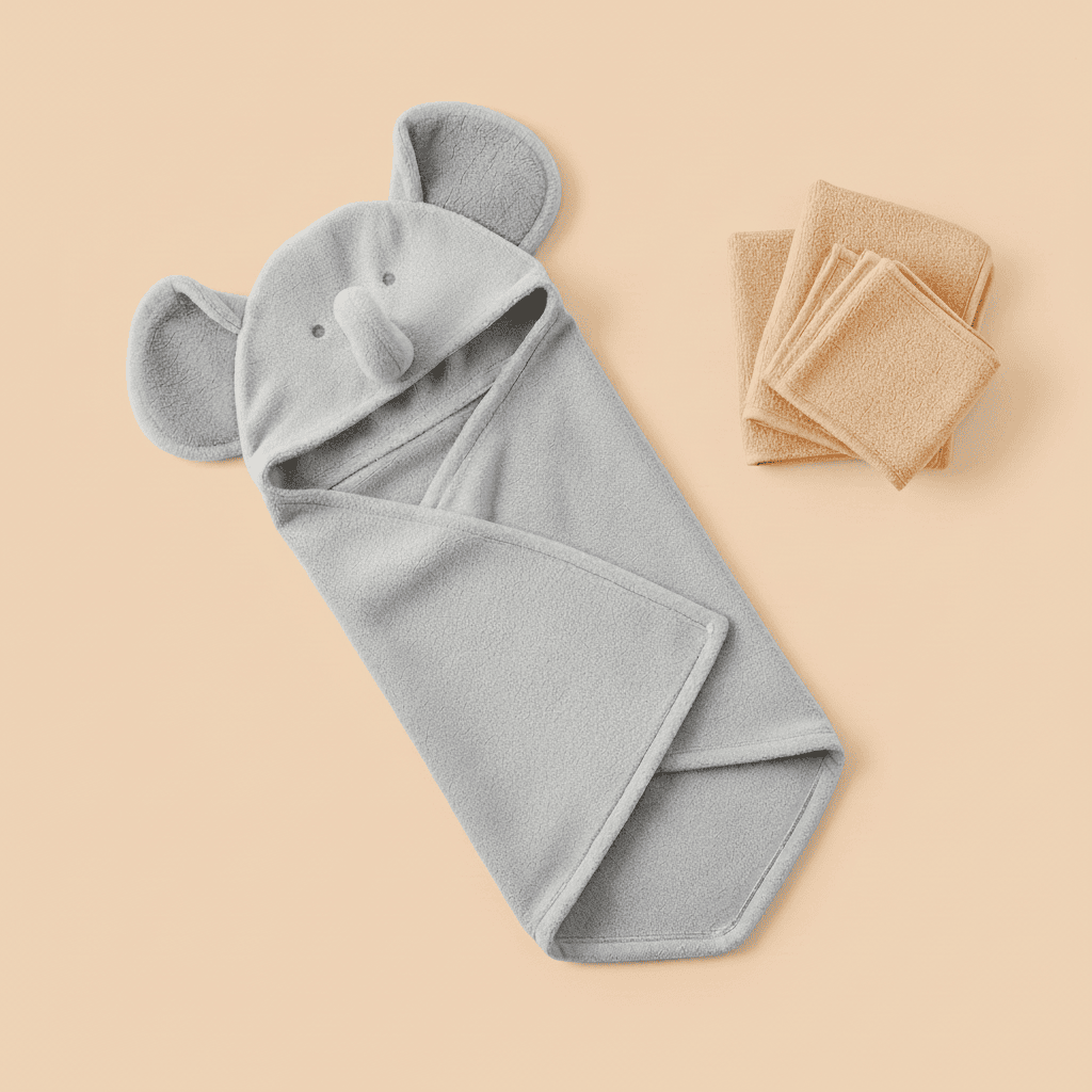 Gray hooded towel with bear ears on a beige background