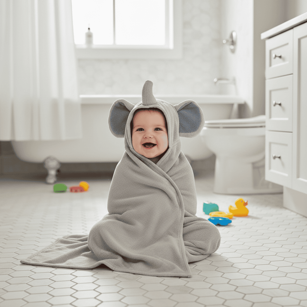 Baby wrapped in a gray elephant-themed towel in a bathroom