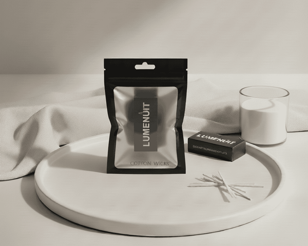 Lumenut cotton wicks packaging on a white surface with a wax pearl candle and a white cloth.