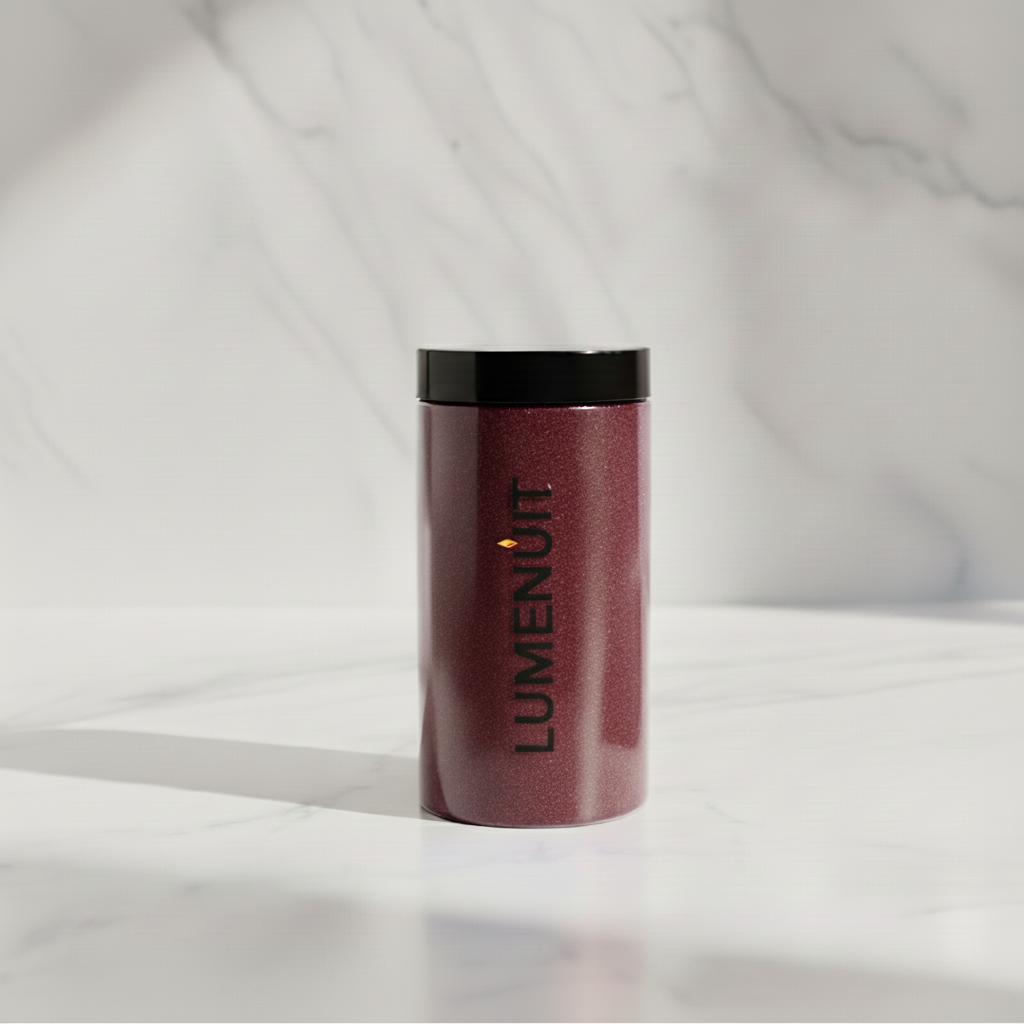 Lumenuit Colored Wax Pearls canister on marble, offering customizable candle experiences with eco-friendly, mess-free, versatile wax pearls for vibrant, long-lasting ambiance.