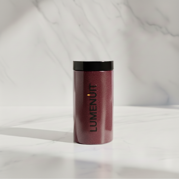 Lumenuit Colored Wax Pearls canister on marble, offering customizable candle experiences with eco-friendly, mess-free, versatile wax pearls for vibrant, long-lasting ambiance.