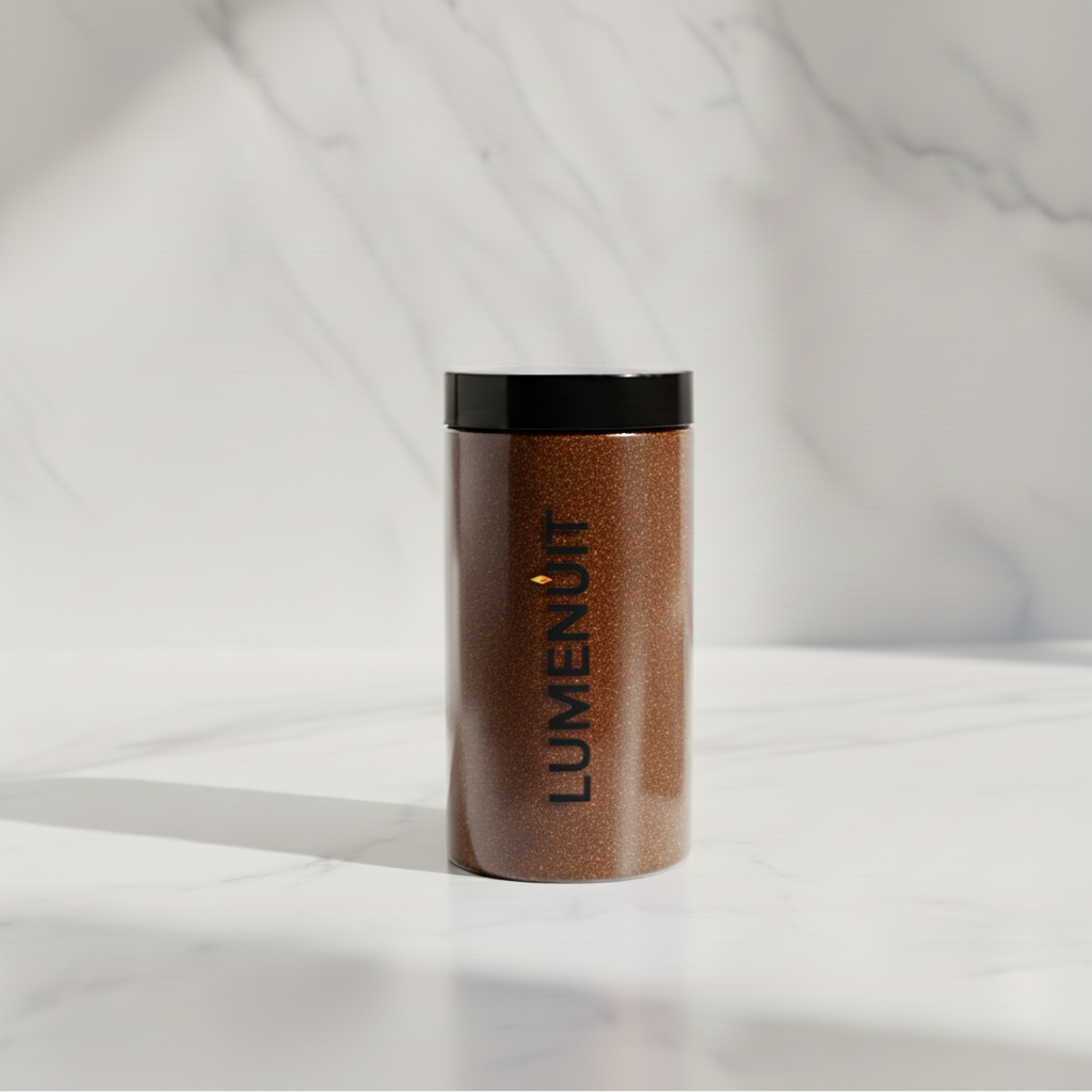 Lumenuit Colored Wax Pearls jar on marble countertop, showcasing sleek design and branding; ideal for creating customizable, vibrant candles.