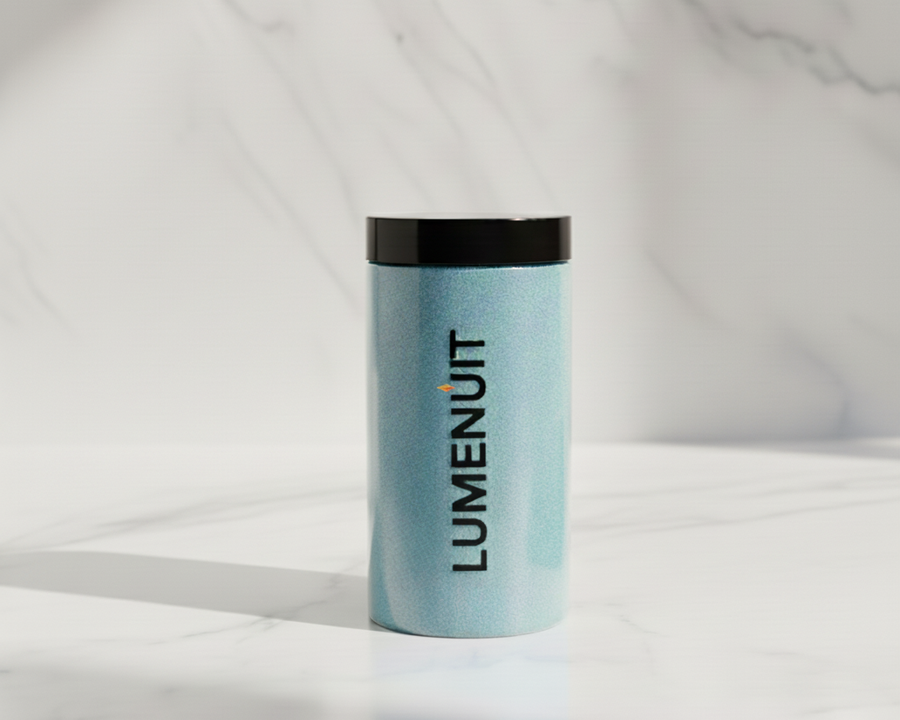 Lumenuit Colored Wax Pearls canister on marble, showcasing customizable candle-making pearls for vibrant, sustainable, and versatile home ambiance.