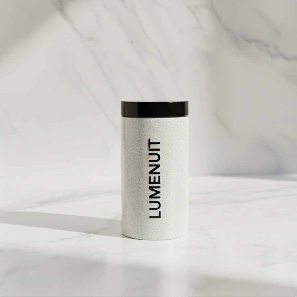 Lumenuit Snow White Wax Pearls in a textured white container with black lid, perfect for creating custom candles with ease and elegance.