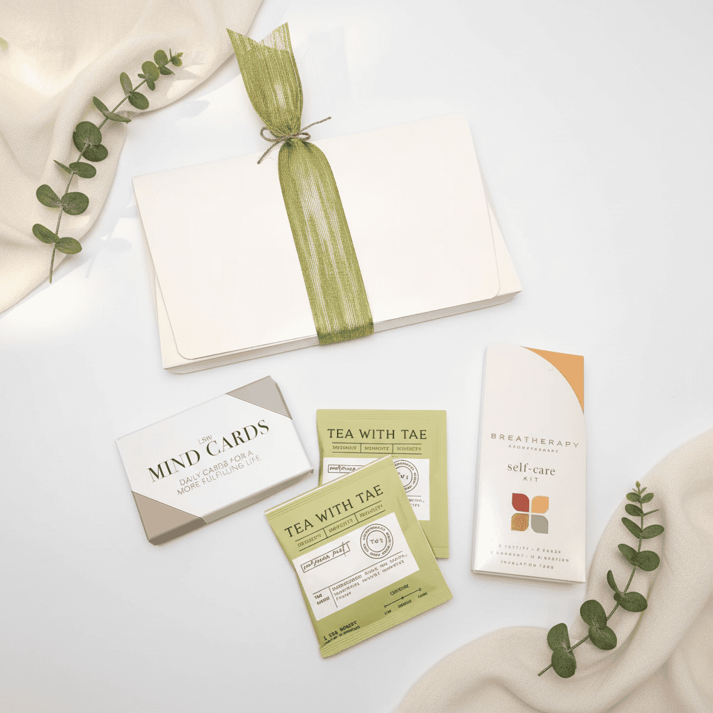 Collection of self-care items including cards, tea packages, and a box on a white surface with greenery