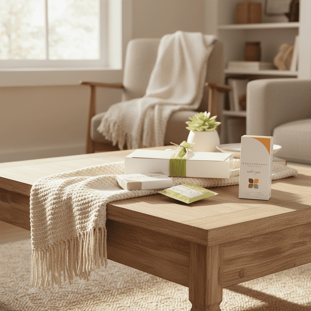 Wooden coffee table with mindful gift items in a living room setting