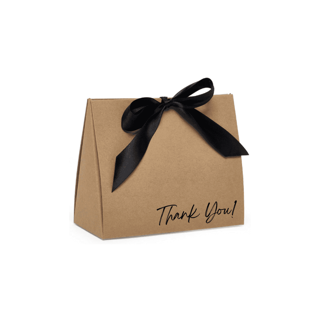 Kraft paper gift box with a black ribbon and 'Thank You!' text on a white background