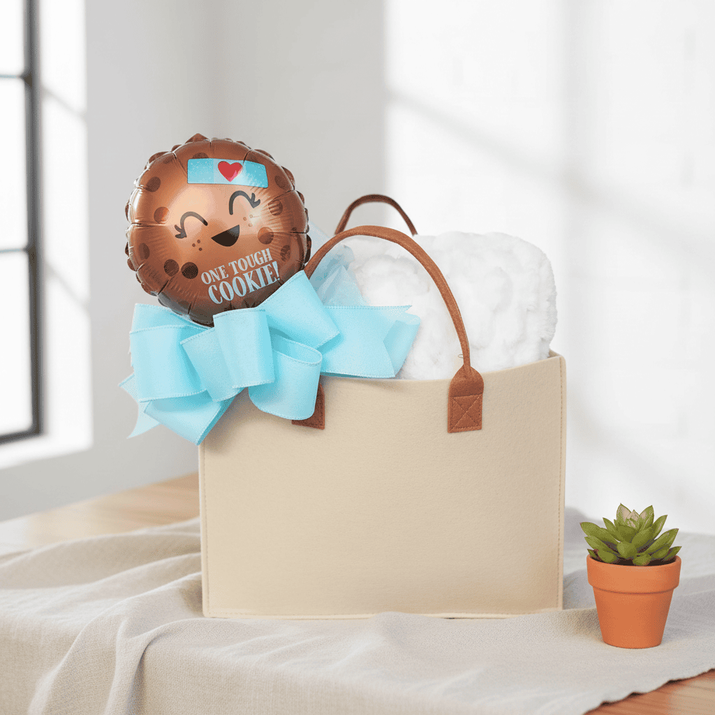 Gift bag with a decorative cookie-shaped balloon and a potted plant on a light surface