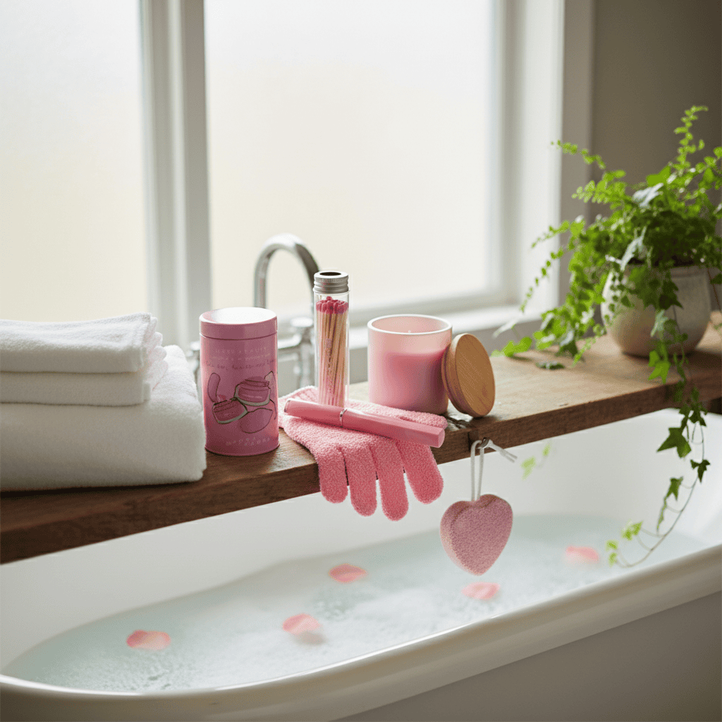 Bathroom setting with a bathtub, towels, and pink items on a windowsill.