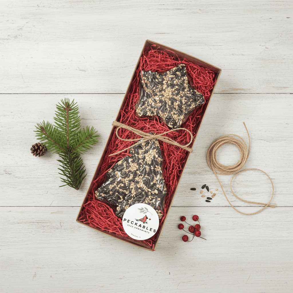 Star shaped  and tree shaped birdseed ornaments items in a box with red shreds, surrounded by Christmas decor on a light colored surface