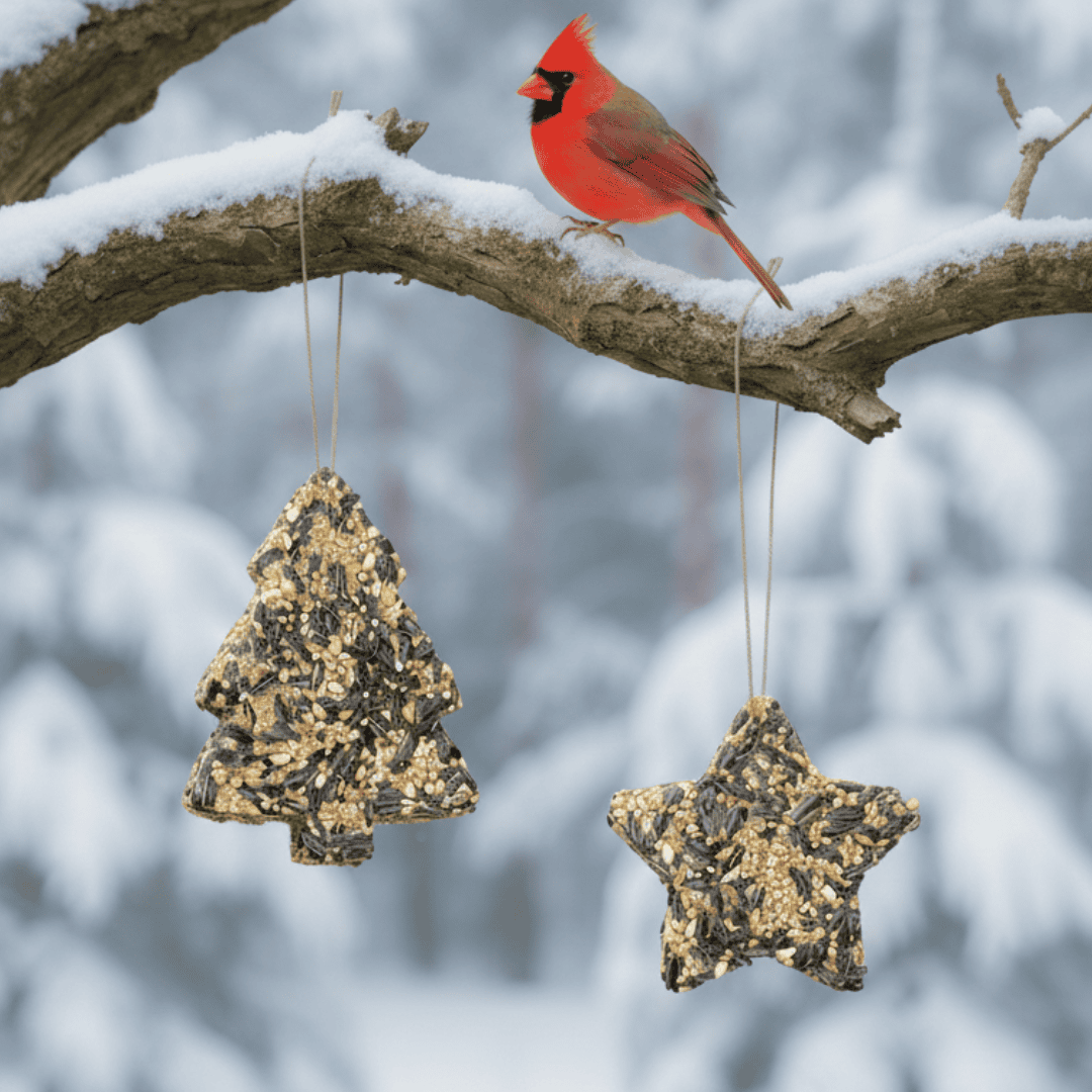 Red cardinal bird perched on a snow-covered branch with two birdseed ornaments shaped like a tree and a star